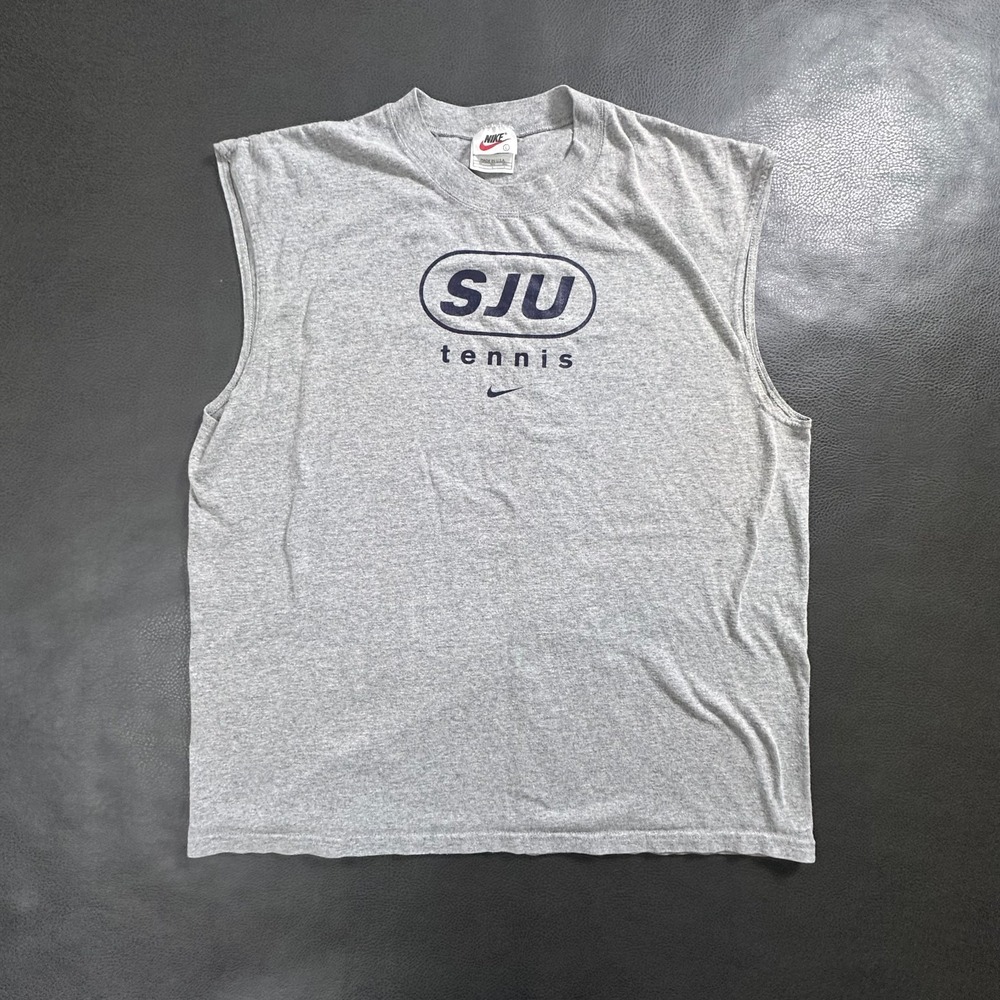Vintage Nike Tank Tee Mens Large Gray Made in USA Center Check SJU Tennis 1990s